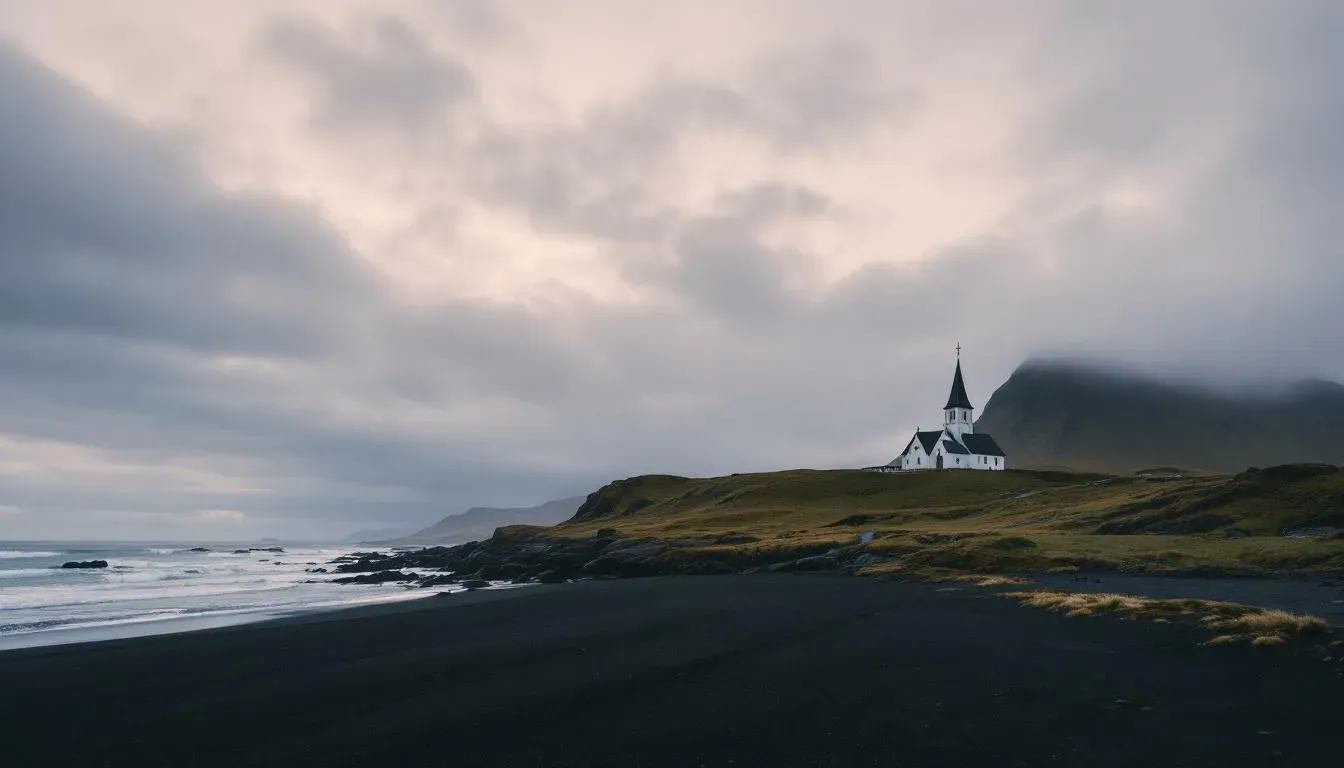 Vík church above the black-sand coast - filming location in Iceland